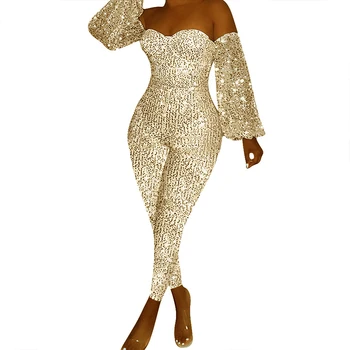

Night Party Club Jumpsuit Women Sexy Sequin Off Shoulder Deep V-Neck Casual Lanter Long Sleeve Rompers Overalls Outfits