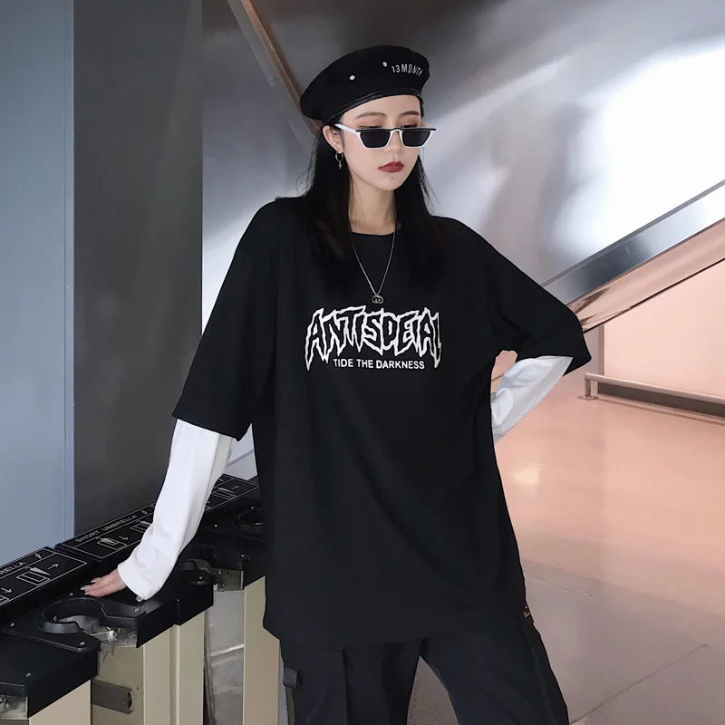 Уличная футболка Женская Толстовка Harajuku поддельные две части печати футболка хип хоп топы негабаритных футболки женские футболки mujer
