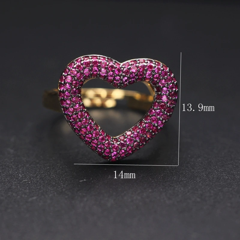 Luxury Heart Shape Finger Ring For Women Paved Micro Multicolor Zirconia Gold color Adjustable Open Finger Rings Wedding Jewelry