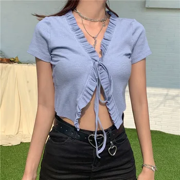 

Hirigin 2020 Summer Women Ruffle Tops Lace Up Cardigans V Neck Solid Short Sleeve Crop Tops T Shirt Clothes