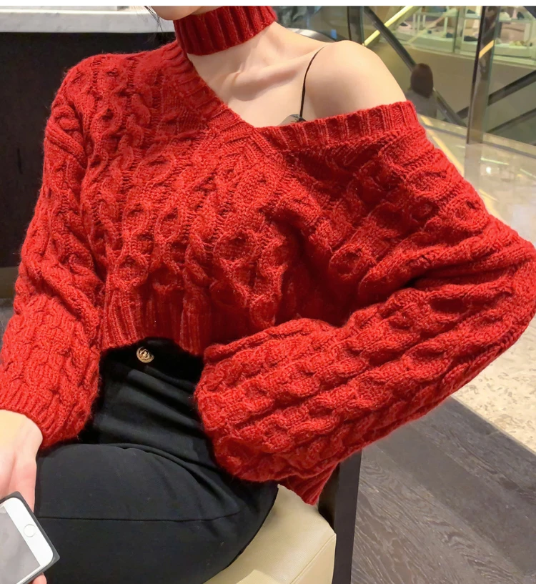 Korean style loose short twist halter sexy strapless ladies temperament long-sleeved knitted sweater