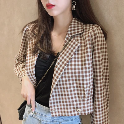 coffee plaid jacket MISHOW женский осенний комплект из двух предметов Ретро отложной воротник короткая клетчатая куртка и высокая талия клетчатая плиссированная мини-юбка MX19C4981 - Цвет: coffee plaid jacket
