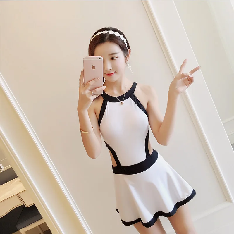 

New Style Bathing Suit Women's Conservative Students Belly Covering Slimming Dress-Tour Bathing Suit Small Bust Gathering Backle