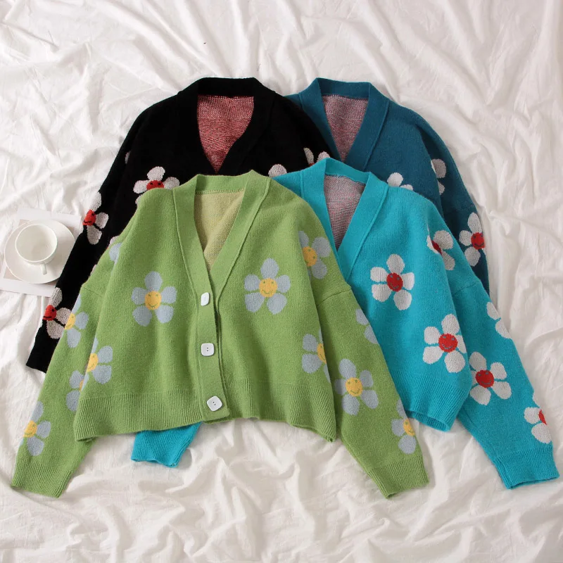 

Women Cardigan Female Sweaters Sweaters Tops Print Cute Symbol Life Vintage Spring Hand Knitted V-neck Light Green Floral Thick