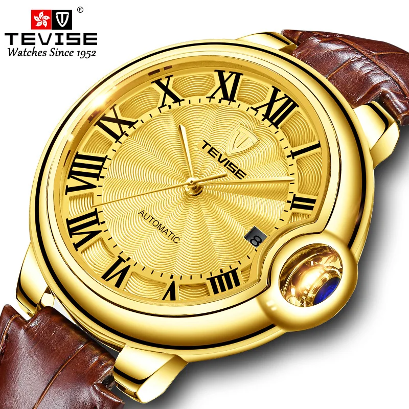 

Top Luxury Brand Men Wristwatch TEVISE Men's Watches Automatic Mechanical Watch Fashion Leather Strap Golden Dial Male Clock