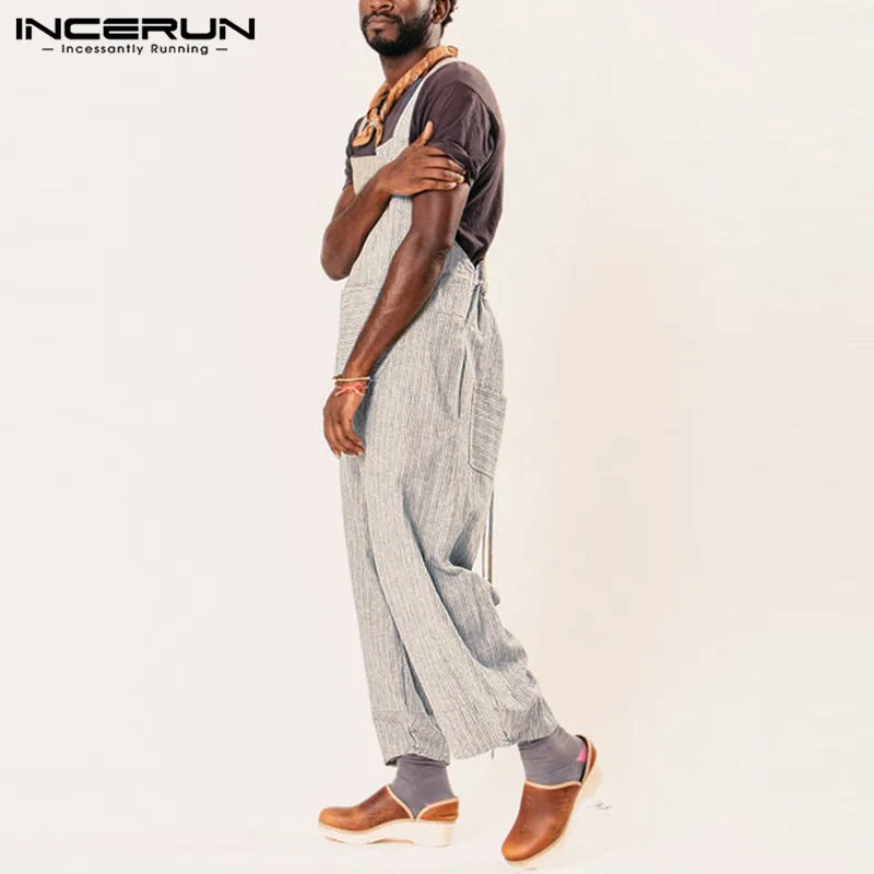 Retro Men Overalls Women Rompers Stripe Wide Leg Pants Dungarees Casual Jumpsuits Long Trouser Hombre Garment Overalls Unisex