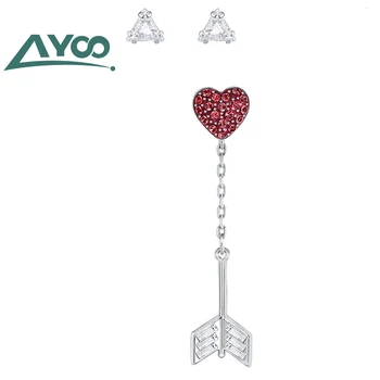 

AYOO High Quality SWA New Triangle Shape Crystal Earrings Red Heart Asymmetric Stud Earrings