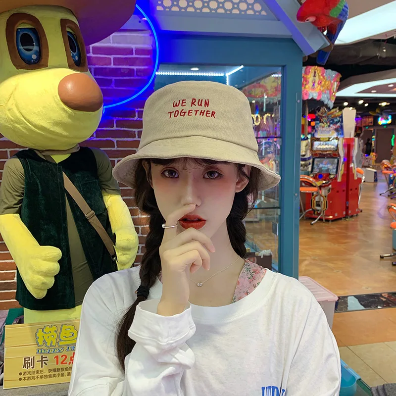Женская Вышивка буквами, маленькая свежая Панама Harajuku, Джокер, дышащая Рыбацкая шляпа для женщин, стильная повседневная шляпа для бассейна - Цвет: Cap Khaki
