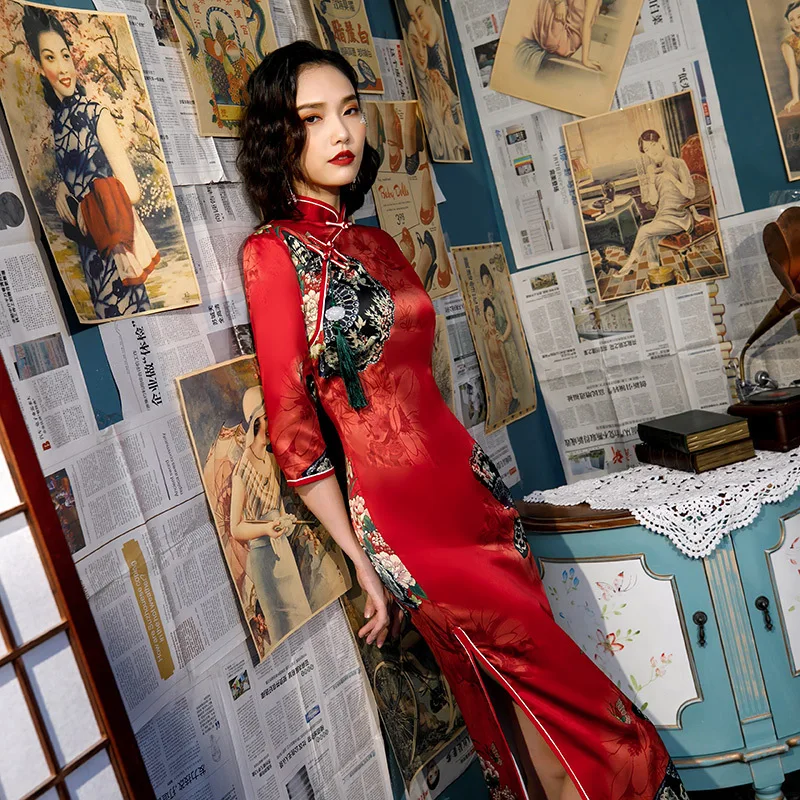 1 Новые женские Qipao воротник мандарина ручной работы Кнопка Cheongsam Новинка китайский формальный печати платье Плюс Размер S M L XL XXL XXXL 4XL - Цвет: 1