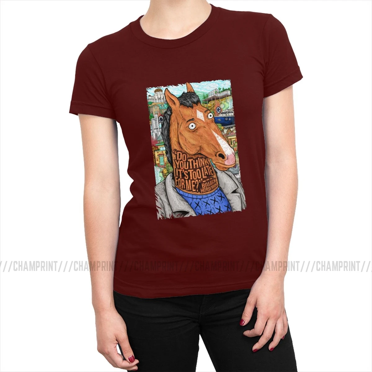 Женская футболка Bojack Horseman с забавным рисунком, эстетическая футболка с круглым вырезом, хлопковая уличная одежда размера плюс, женская одежда - Цвет: Бургундия