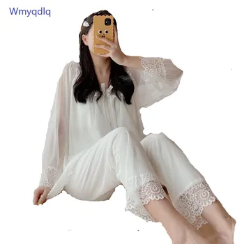 

Woman Pajamas 2020 New Style With Chest Pad Princess Pure Cotton Lace Long-Sleeved Trousers Sweet Set Home Service Femal Pajama