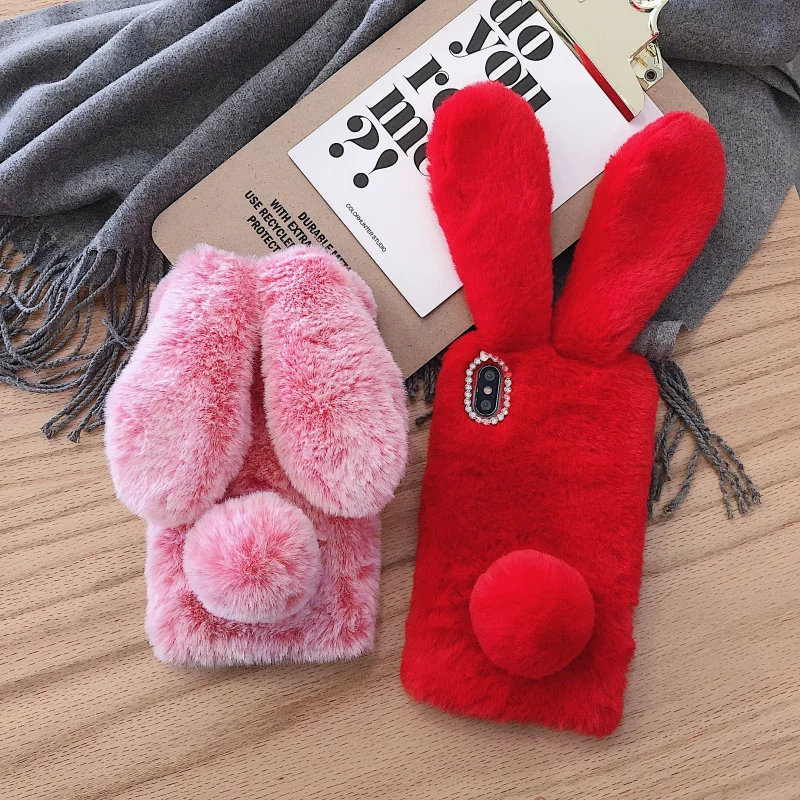 Rabbit Fur Case for Huawei Mate 20 Pro 30 Lite 10 SE Honor 7X Nova 5 5i Bling Plush Bunny Heart Cover | Мобильные телефоны и