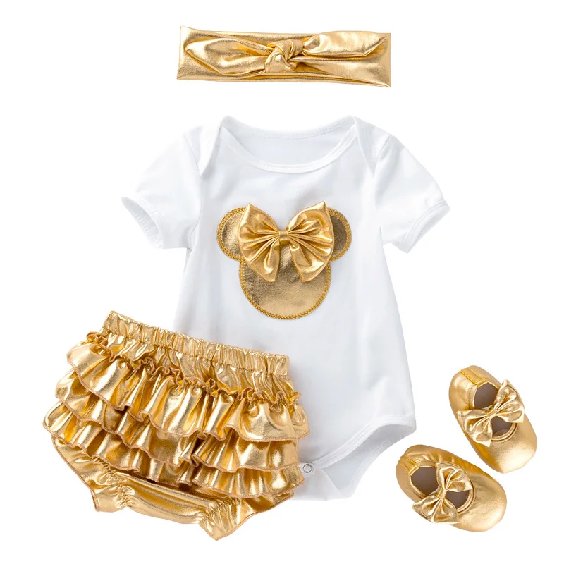 

Gold New Fashion 4 pcs Sets Baby Girl Clothes Romper Headress PP Shorts Shoes Headband Black 0-2 Year olds Cute Outfits Summer