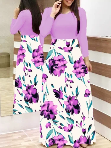 Весна-Осень, женское платье, Повседневная Туника с длинным рукавом и круглым вырезом, платья в стиле пэчворк, модное винтажное платье макси с принтом, Vestidos - Цвет: long 8899 purple