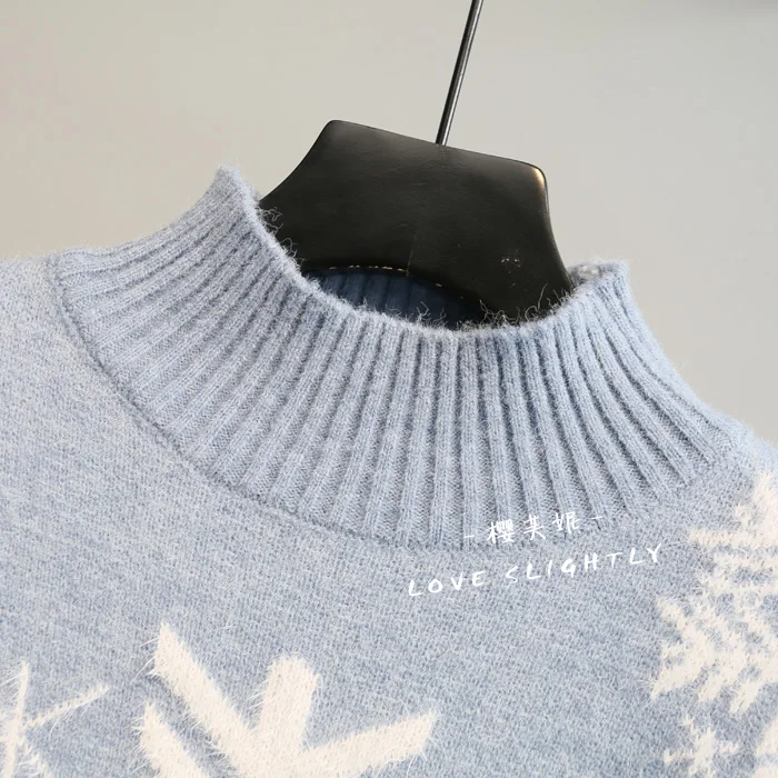 Autumn Winter Women Sweater Elegant O Neck High Quality Knitted Tops Pullover Red Blue Green Snowflake Print Sweater Female