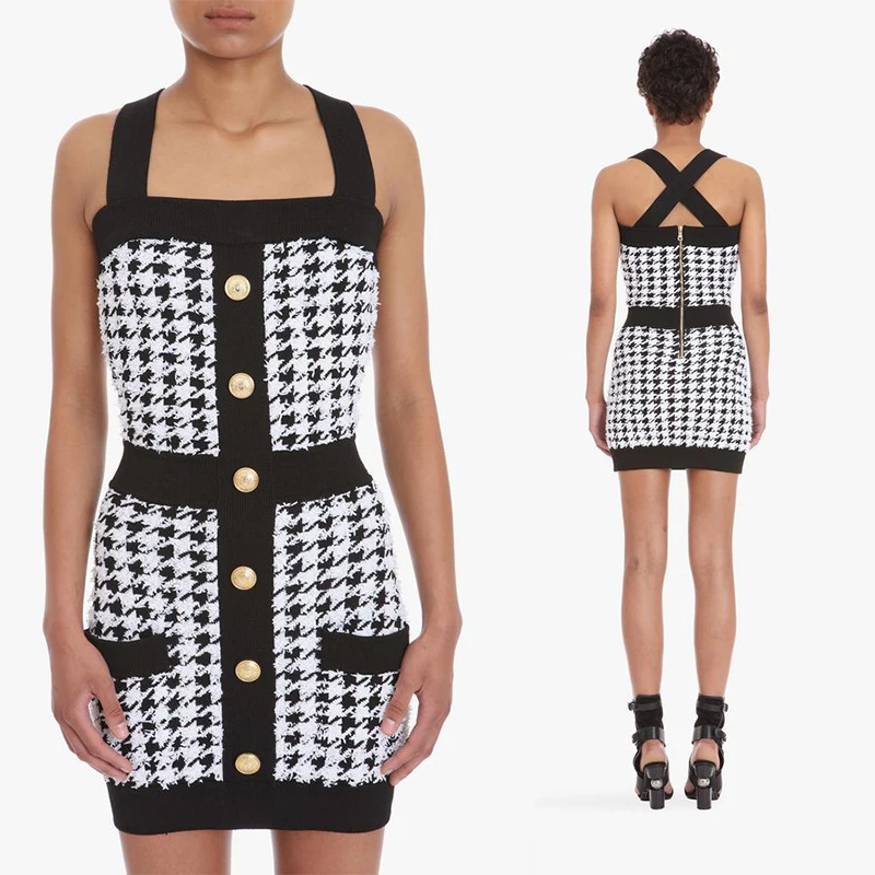 #^Special Price 2020 Houndstooth Knit Mini Dress Strappy Black White Boho Dresses Elegant Vintage Casual Sweater Dress