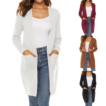 

Women Cardigan Long Sleeve High Quality Tops Simple Autumn New Female Pocket Knitted Outerwear Sweater Warm plus size Y