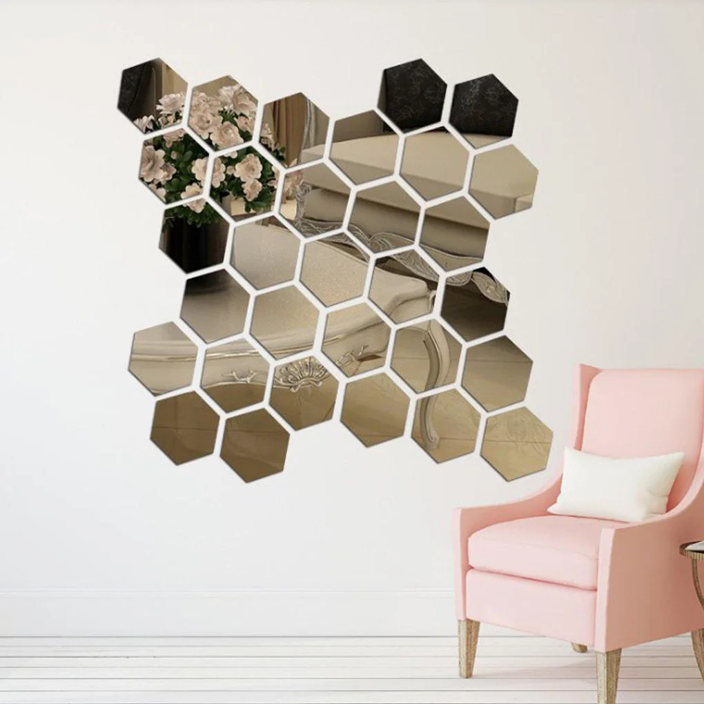 12pcs 3D Hexagon Bathroom Mirror Sticker Home Living Room Sofa TV Background Wall Decal Decor Acrylic DIY Sticker 2