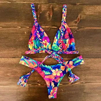 

2020 Bikinis Women Swimwear Push Up Bikini Set Swimsuit Top Solid Bottom Print Brazilian Biquini Bathing Suit Swim Wear Beach