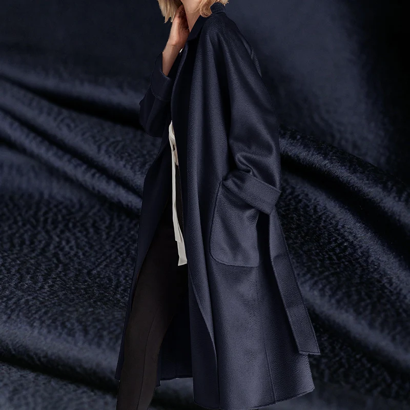 

Pearlsilk Navy Blue Water Ripple Cashmere Overcoating Fabrics Materials Winter Women Overcoat Sewing Cloth Tailor Free shipping