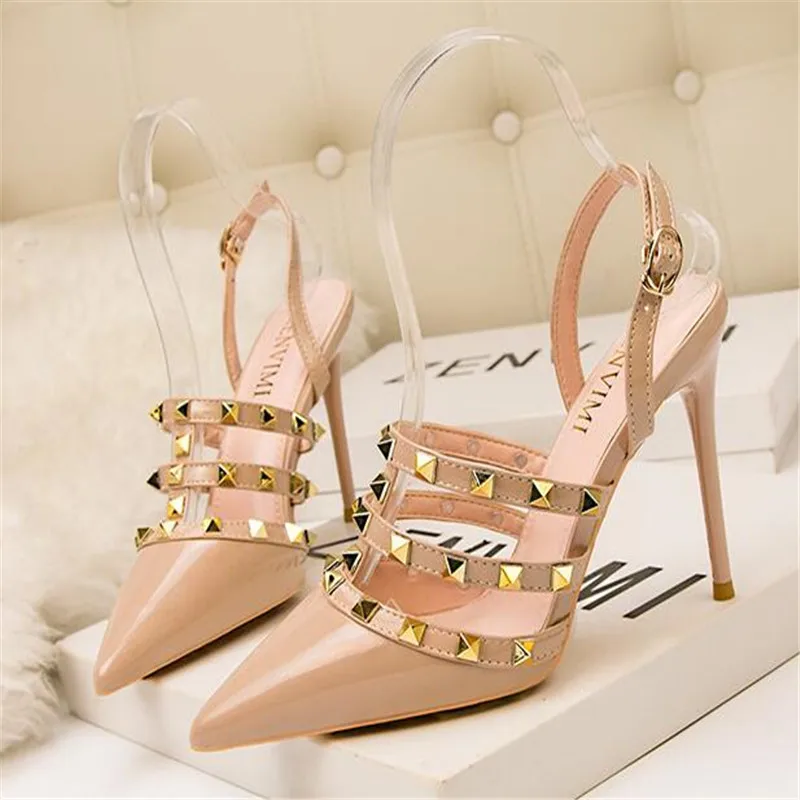 2024 New 10CM PUMPS Sexy pointed Roman high heels nightclub was thin rivets female sandals stiletto back empty women's shoes