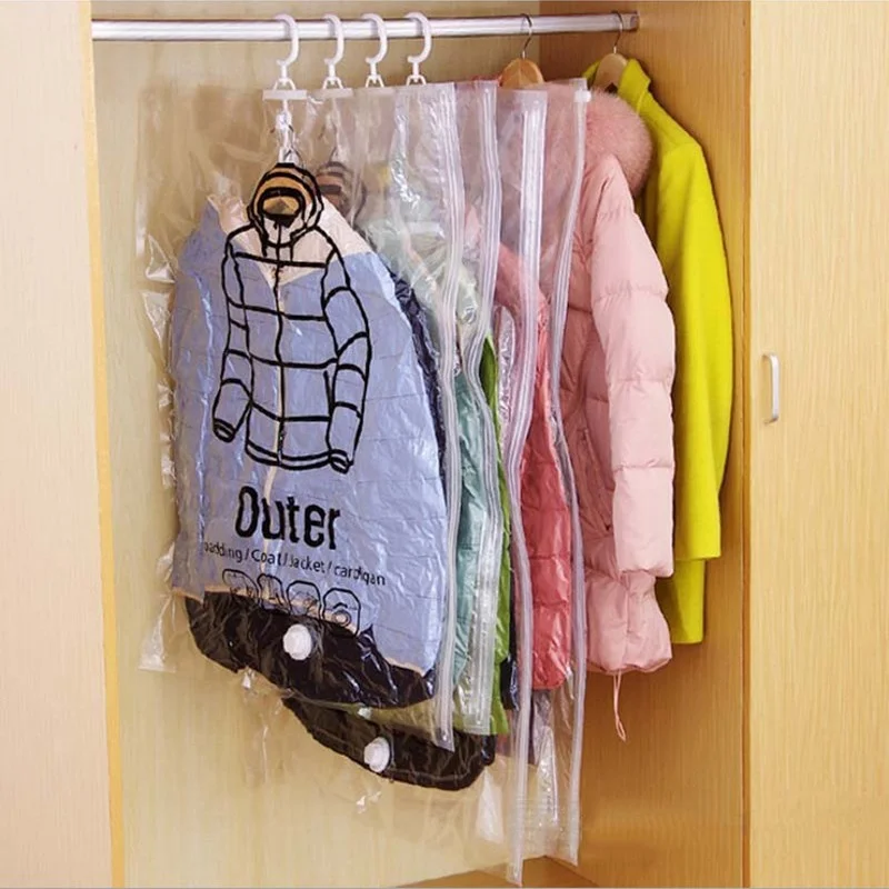 

1Pcs Vacuum Compression Bags Foldable with Hang Hook Save Space Jacket Suit Organizer Transparent Clothing Dustproof Storage Bag