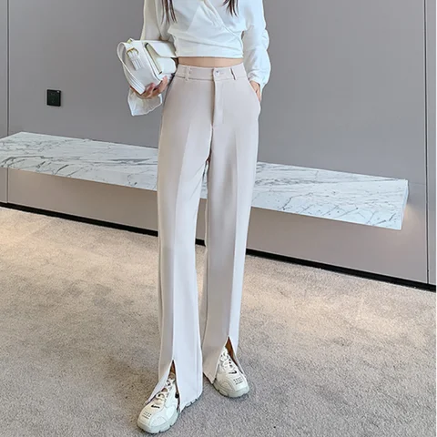 Chic Loose High Waist Female Wide Leg Pants Spring Summer Ladie Split Trousers 2021 Women  Floor-Length White Suits Pants