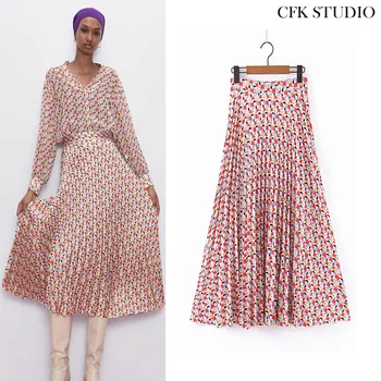 

ZA New Women Midiskirt with High Waist Floral Chiffon Midiskirt 2020 New Summer Pink Elegant A-line Casual Loose Midiskirt