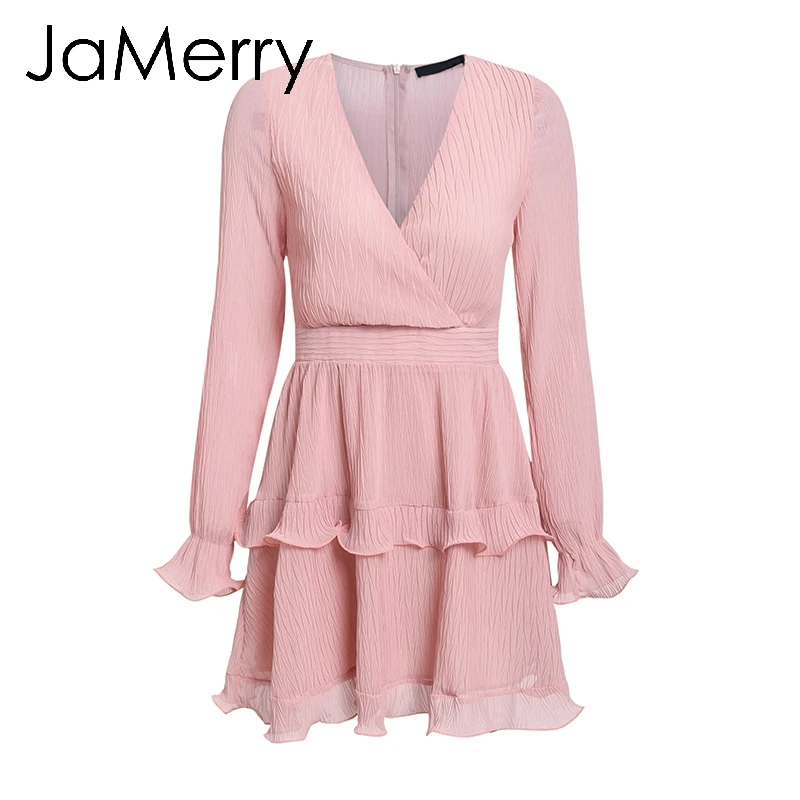 JaMerry винтажное элегантное шифоновое женское мини-платье с оборками, летнее однотонное праздничное платье с длинным рукавом, повседневное короткое платье vestidos - Цвет: Розовый