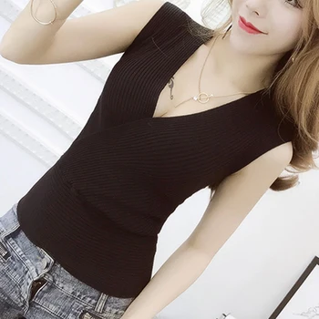 

Sexy Slim Female T-shirt Deep V Neck Sleeveless Knitted Tops Summer Clothes