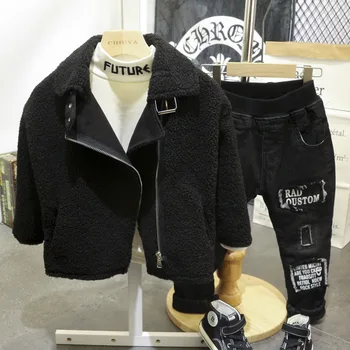 

3PCS WLG boys winter clothing set kids black jacket velvet t shirt and thick ripped jean set baby warm boy clothes 2-7 years