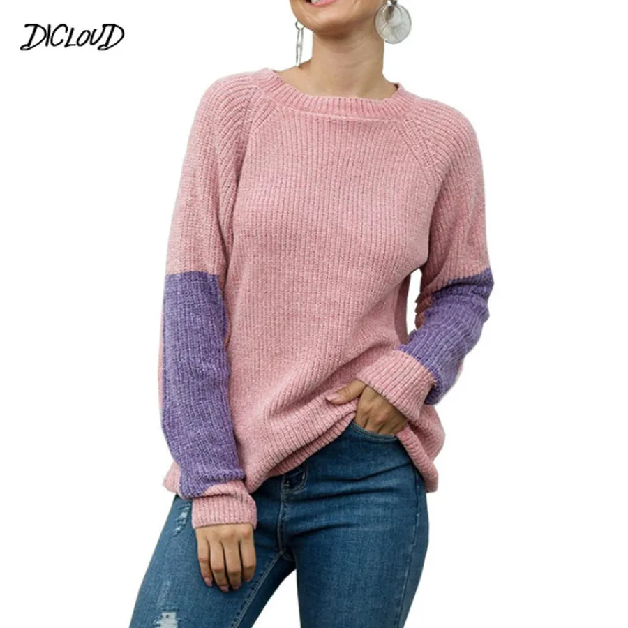 

Autumn Winter Casual Knitting Sweater Women Splice O Neck Long Sleeve Tops Ladies Fashion Loose Slim Plus Size Pullover Female