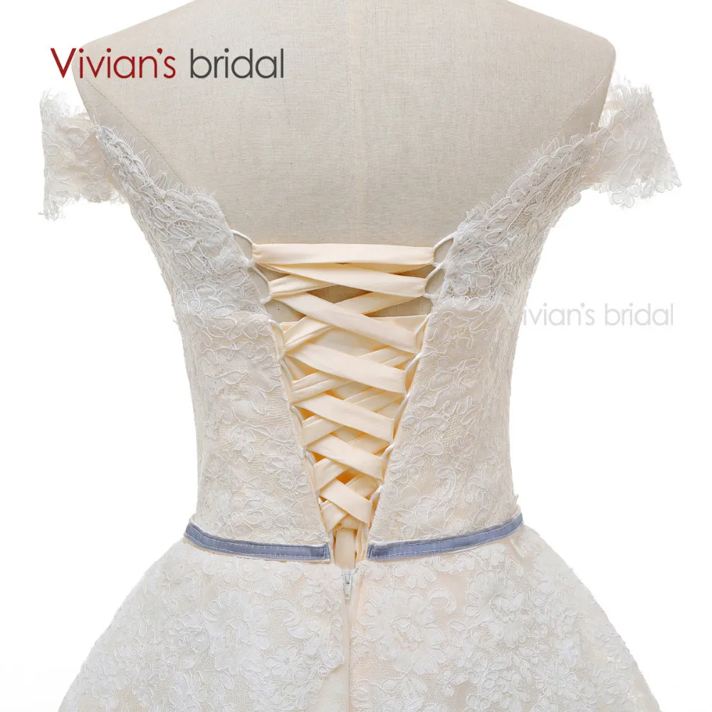 Boat Neck Champagne Wedding Dresses with White Lace (5)