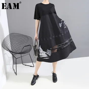 

[EAM] Women Black Pattern Print Sttich Mesh Long Dress New Round Neck Short Sleeve Loose Fit Fashion Spring Summer 2020 1T450