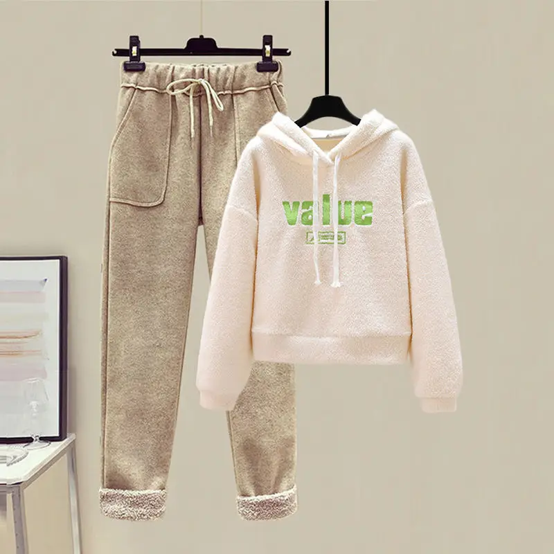 Winter Woolen Female Suit Plus Velvet Thickening Loose Korean Lamb Plush Hoodie Casual Trousers Women Two Piece Suits 2020 New |