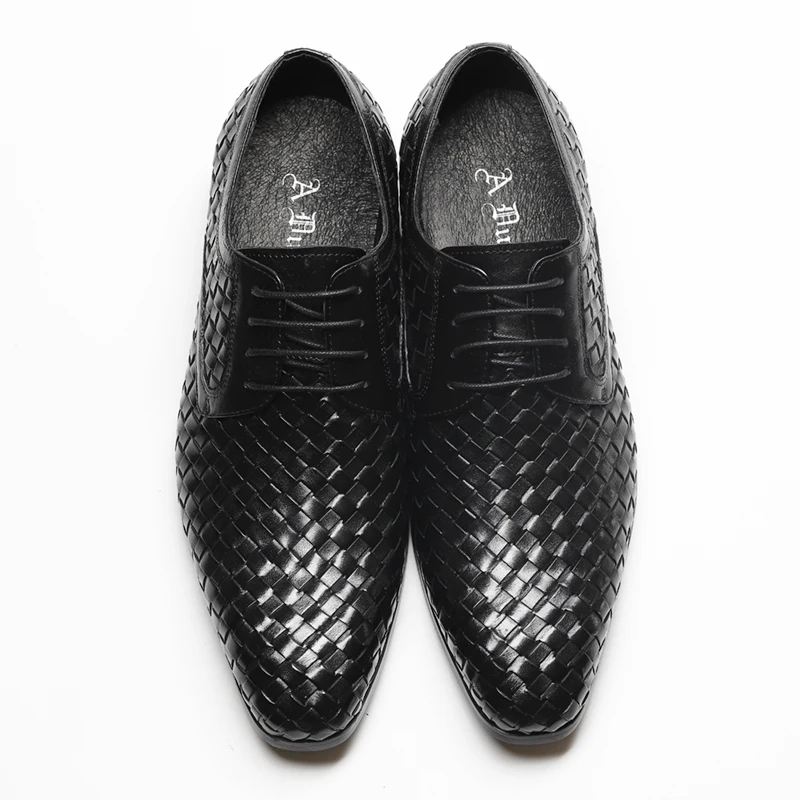 Men First Layer Genuine Cowhide Woven Business Dress Casual Shoes Inner Soft Warm Pigskin Leather Retro British Men's Shoes