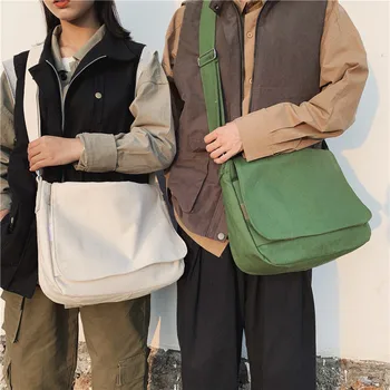 

New student class canvas bag female solid color slant span simple large capacity backpack