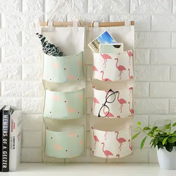

New Flamingo Pattern Cotton Linen Hanging Storage Bag 3 Pocket Wall Mounted Wardrobe Hang Bag Wall Pouch Cosmetic Toys Organizer