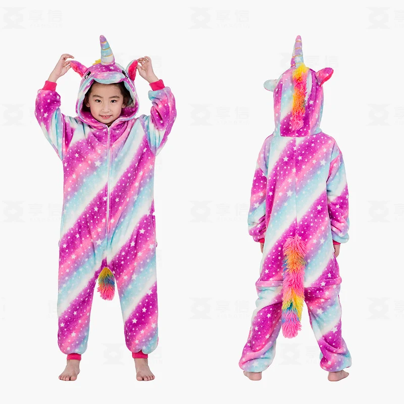Зимние пижамы кигуруми для девочек и мальчиков; Пижама с рисунком единорога из мультфильма «животные»; теплый комбинезон из кораллового флиса; детские пижамы
