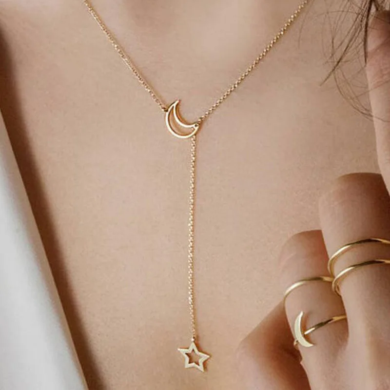 New Bohemia Moon Star Vintage Multilayer Crystal Pendant Necklace Fashion Gold Color Chain Boho Simple Choker Necklaces Jewelry