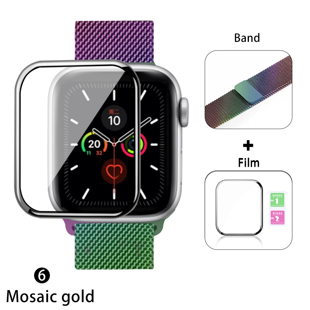 Миланская петля для Apple watch 42 мм 38 мм 40 мм 44 мм браслет ремешок+ Защитная пленка магнитная пряжка для iwatch серии 5 432 - Цвет ремешка: Mosaic gold