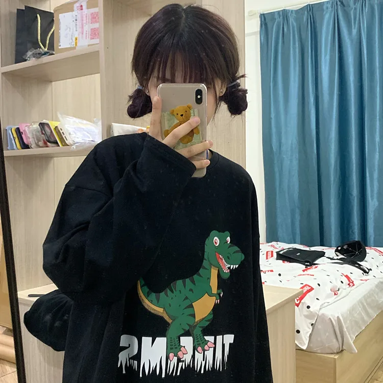 Осенняя женская футболка Harajuku одежда мультфильм Динозавр печатных футболки для женщин Белый Свободный длинный рукав футболки топы