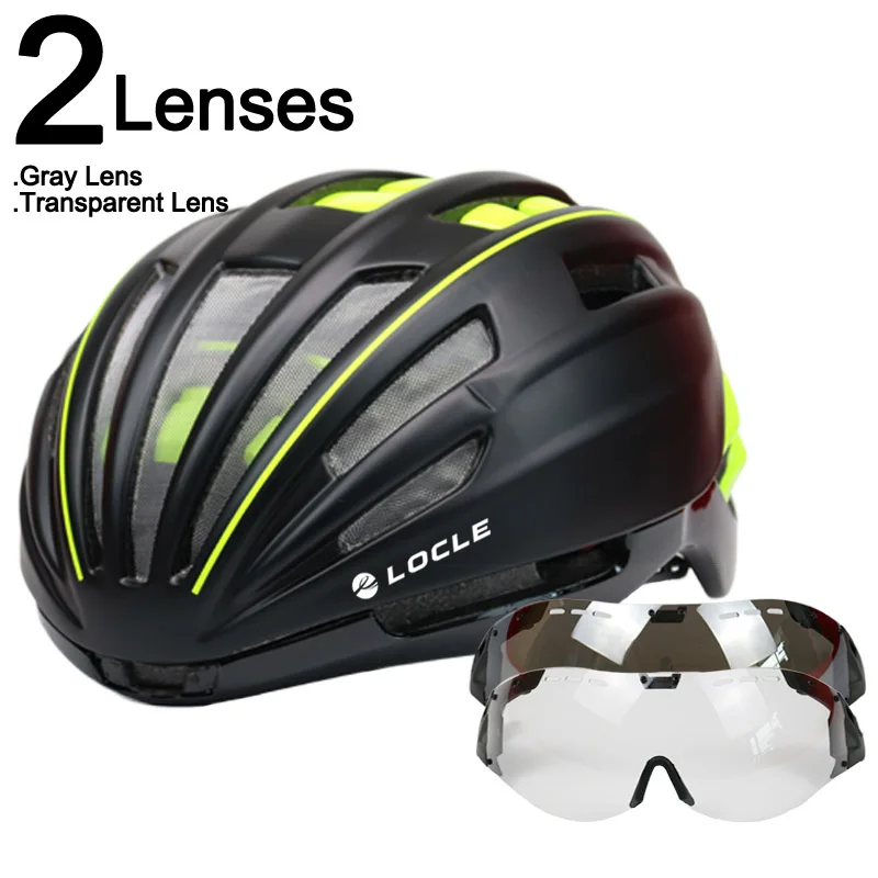 Black Green 2 Lenses LOCLE Goggles велосипедный шлем двухслойный дорожный горный велосипедный шлем с линзой ультралегкий Casco Ciclismo велосипедный шлем 55-61 см - Цвет: Black Green 2 Lenses