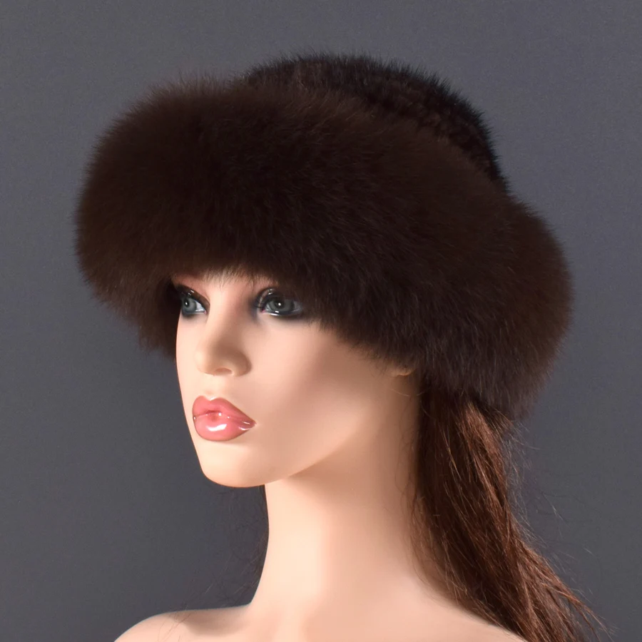 women Real mink Fur Bomber Hats winter Genuine Fox fur Cap Luxurious Quality Winter hat Elastic Warm Soft Fluffy natural fur hat