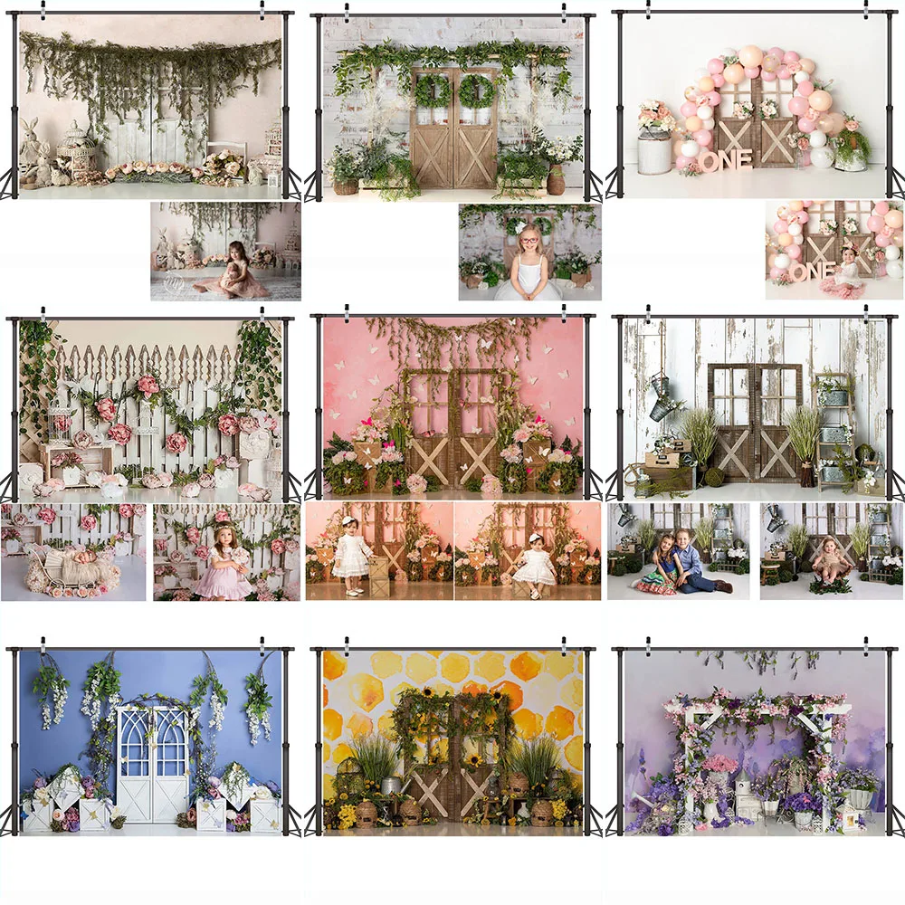 

Retro Door Themed Cake Smash Backdrop Photocall Flowers Vintage Children Newborn Baby Birthday Portrait Background Photography