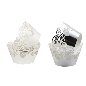 

120 Filigree Artistic Bake Cake Paper Cups Little Vine Lace Liner Baking Cup Muffin Case Trays White & Metallic Silver