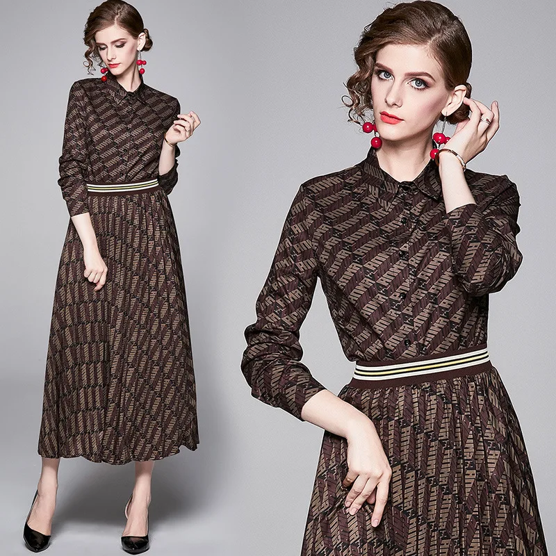 

Photo Shoot New Products WOMEN'S Dress Europe And America Fashion Slimming Positioning Printed Shirt + Pleated Big Hemline Skirt