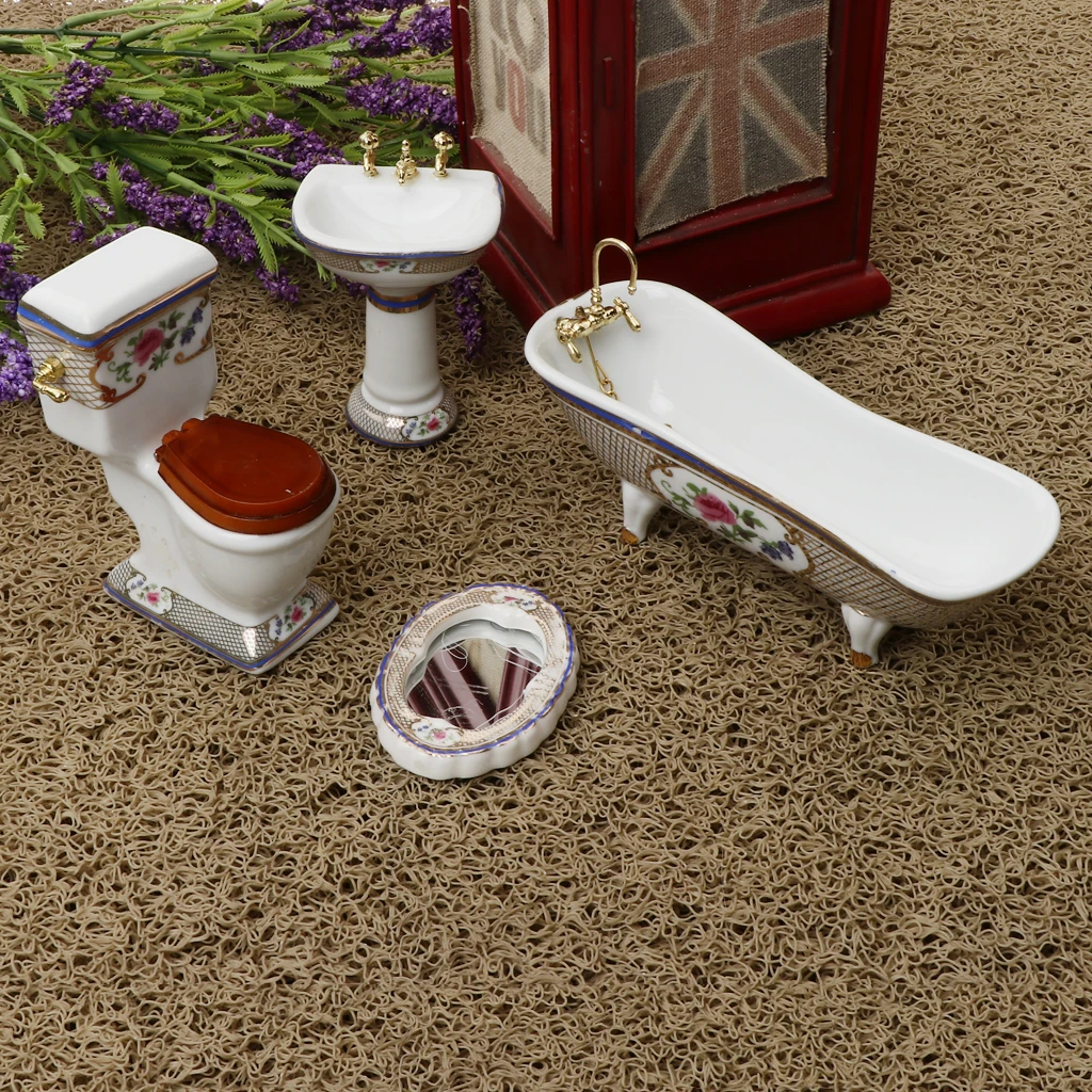 4 Pieces 1:12 Miniature Dollhouse Bathroom Supplies Set Bathtub Toilet Sink Mirror Accs #3 | Игрушки и хобби