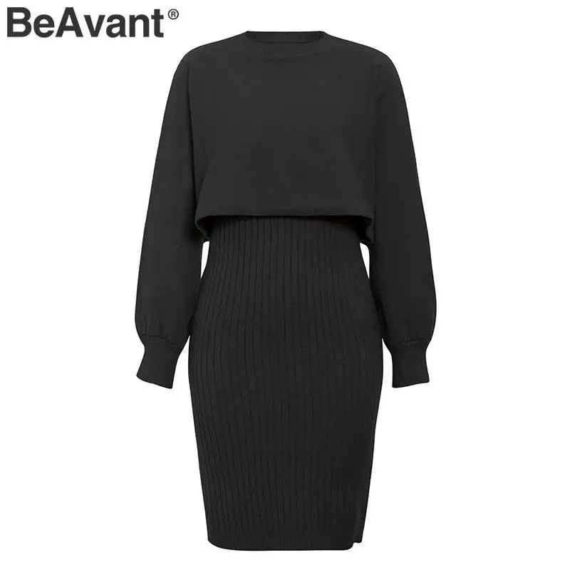 Черный BeAvant элегантное женское трикотажное платье, 2 шт., Осень-зима, Женский пуловер, рабочая одежда, свитер, костюм, однотонный облегающий свитер, платье - Цвет: Черный