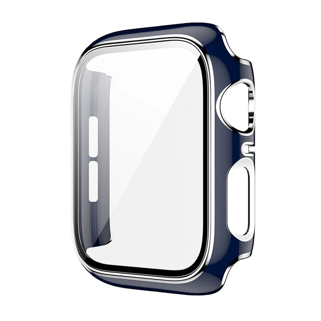 360 Full Screen Protector Bumper Frame Matte Hard Case For Apple Watch 38/40/42/44mm Cover Tempered Glass Film IWatch 6/SE/5/4/3 Blue silver